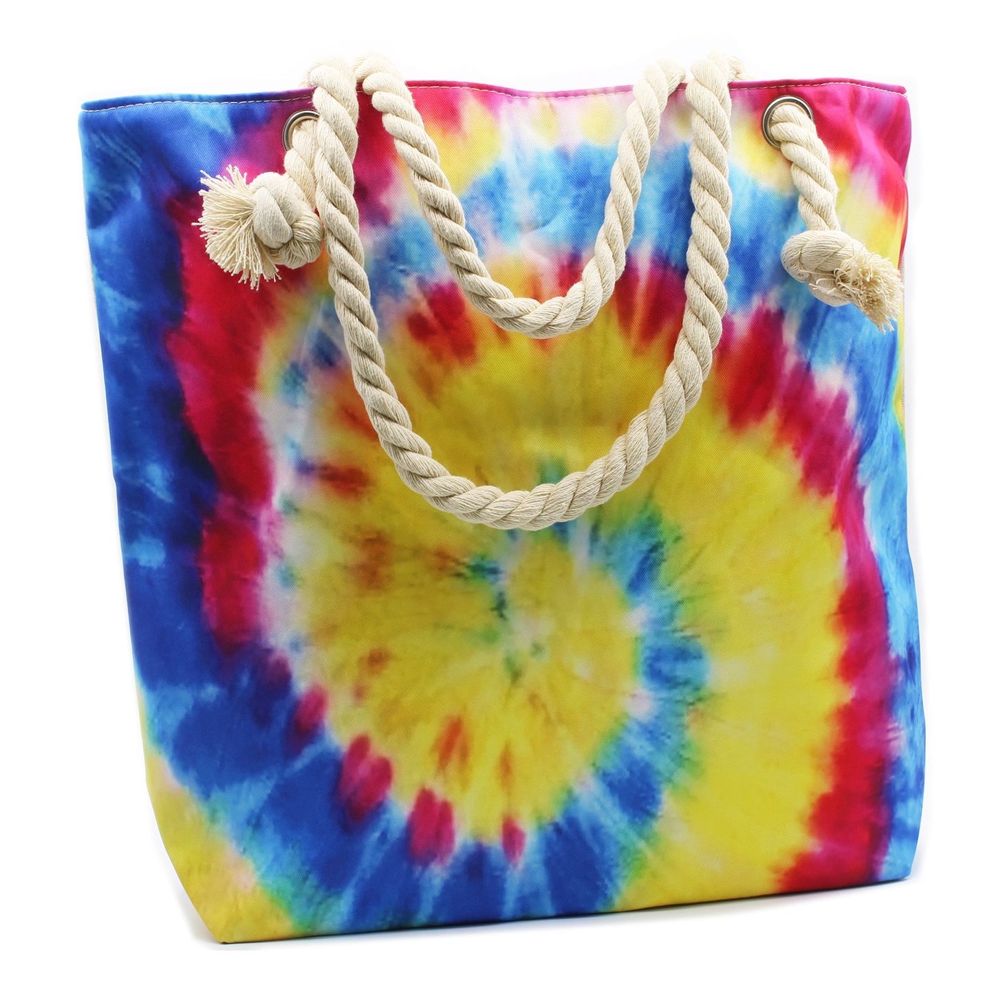 Large tote bag featuring a vibrant psychedelic sunburst print in yellow, orange, and blue with two shoulder straps.