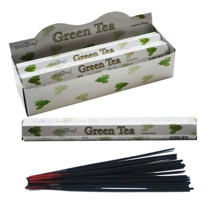 Hexagonal box of green tea incense sticks showing a calming green design and natural incense sticks.
