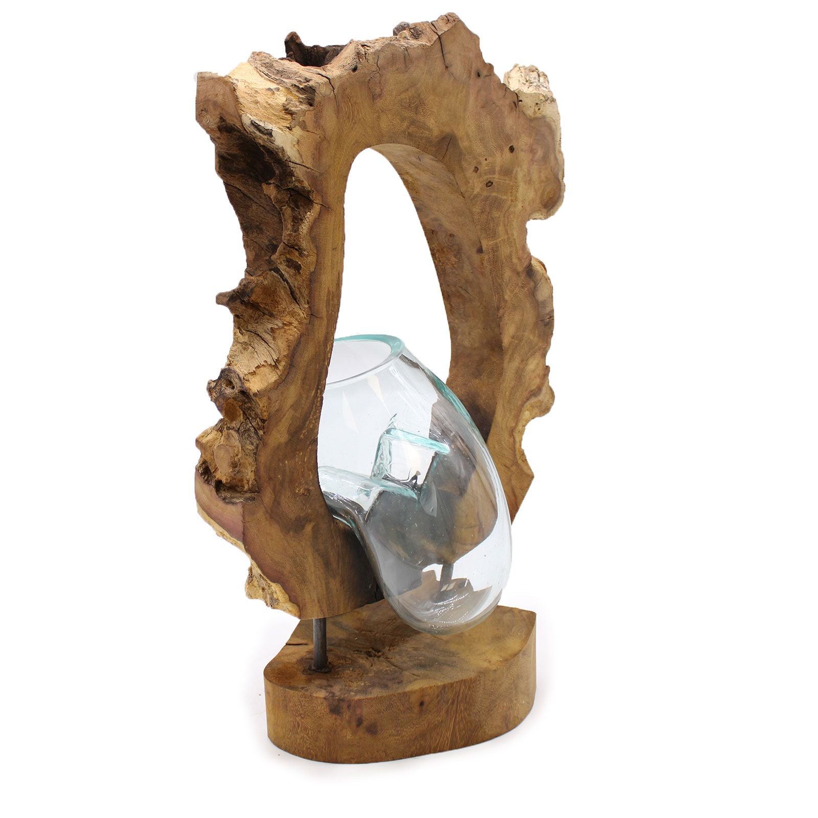 Hand-blown recycled molten glass art vase suspended from a natural gamal wood branch base.