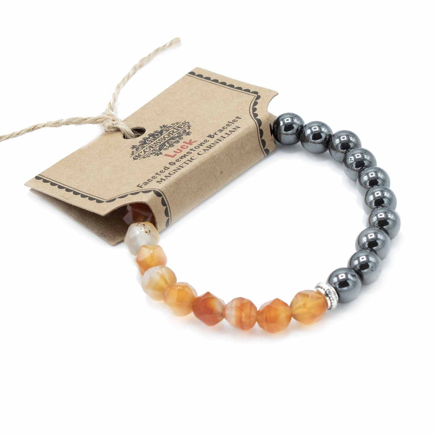 Close-up of a faceted carnelian gemstone bracelet with sparkling orange beads and a magnetic clasp.