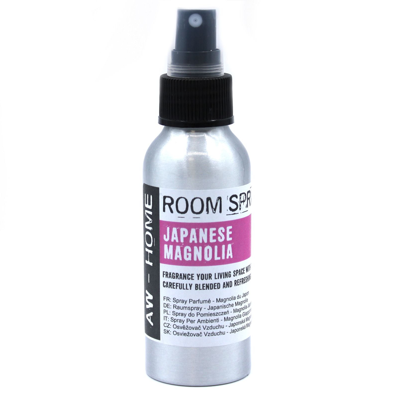 Clear 100ml spray bottle containing Japanese Magnolia scented room mist with a simple elegant label.