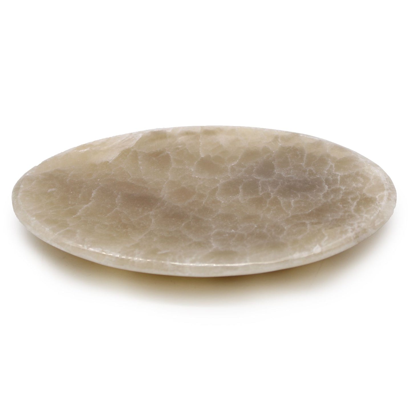 Hand-crafted oval onyx soap dish featuring natural green stone with unique brown mineral stripes.