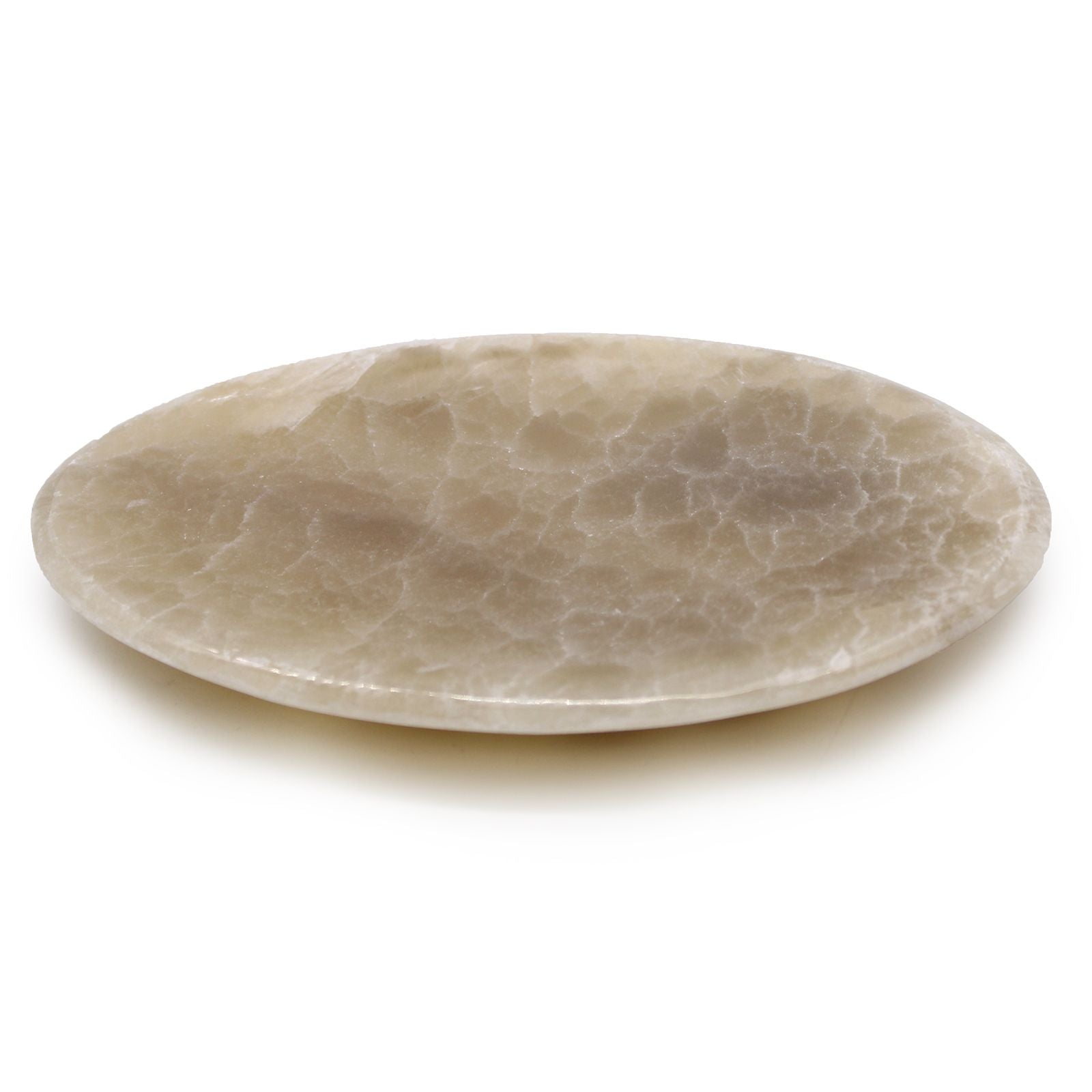 Hand-crafted oval onyx soap dish featuring natural green stone with unique brown mineral stripes.
