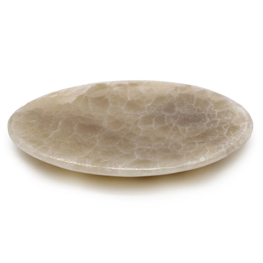 Hand-crafted oval onyx soap dish featuring natural green stone with unique brown mineral stripes.