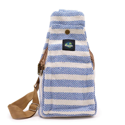Nautical blue and white striped natural cotton cross-body bag with a durable adjustable strap.