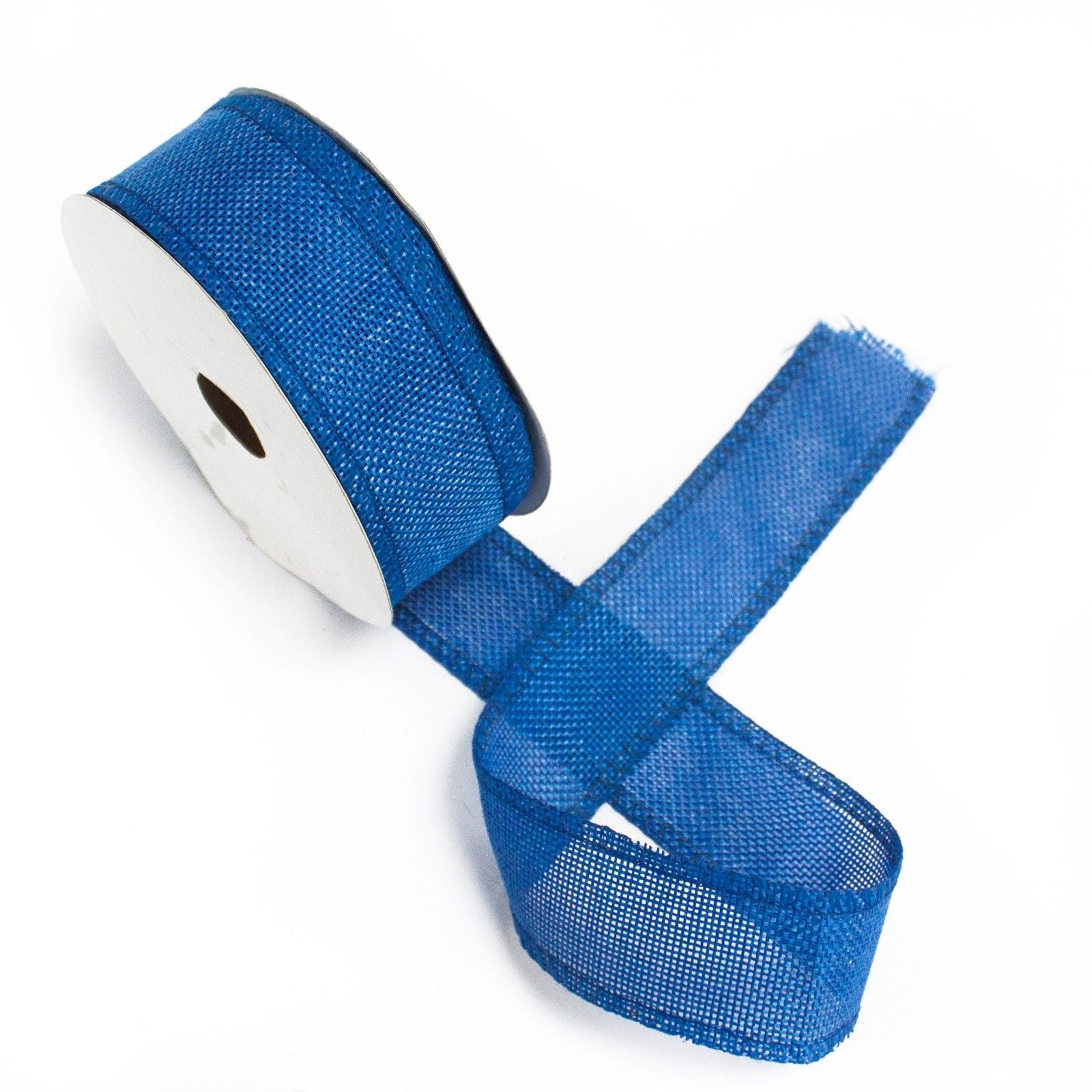 Large roll of navy blue natural texture non-woven fabric ribbon for gift wrapping and wedding decor.