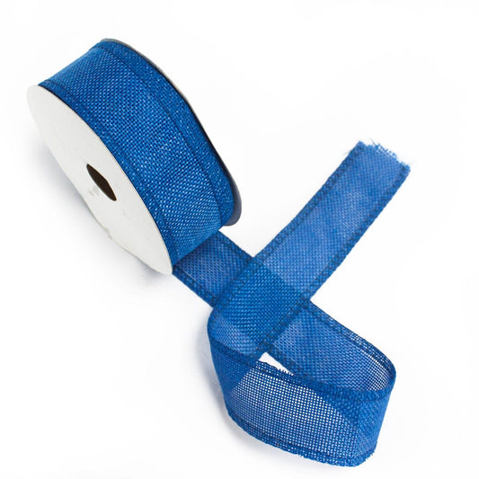 Large roll of navy blue natural texture non-woven fabric ribbon for gift wrapping and wedding decor.