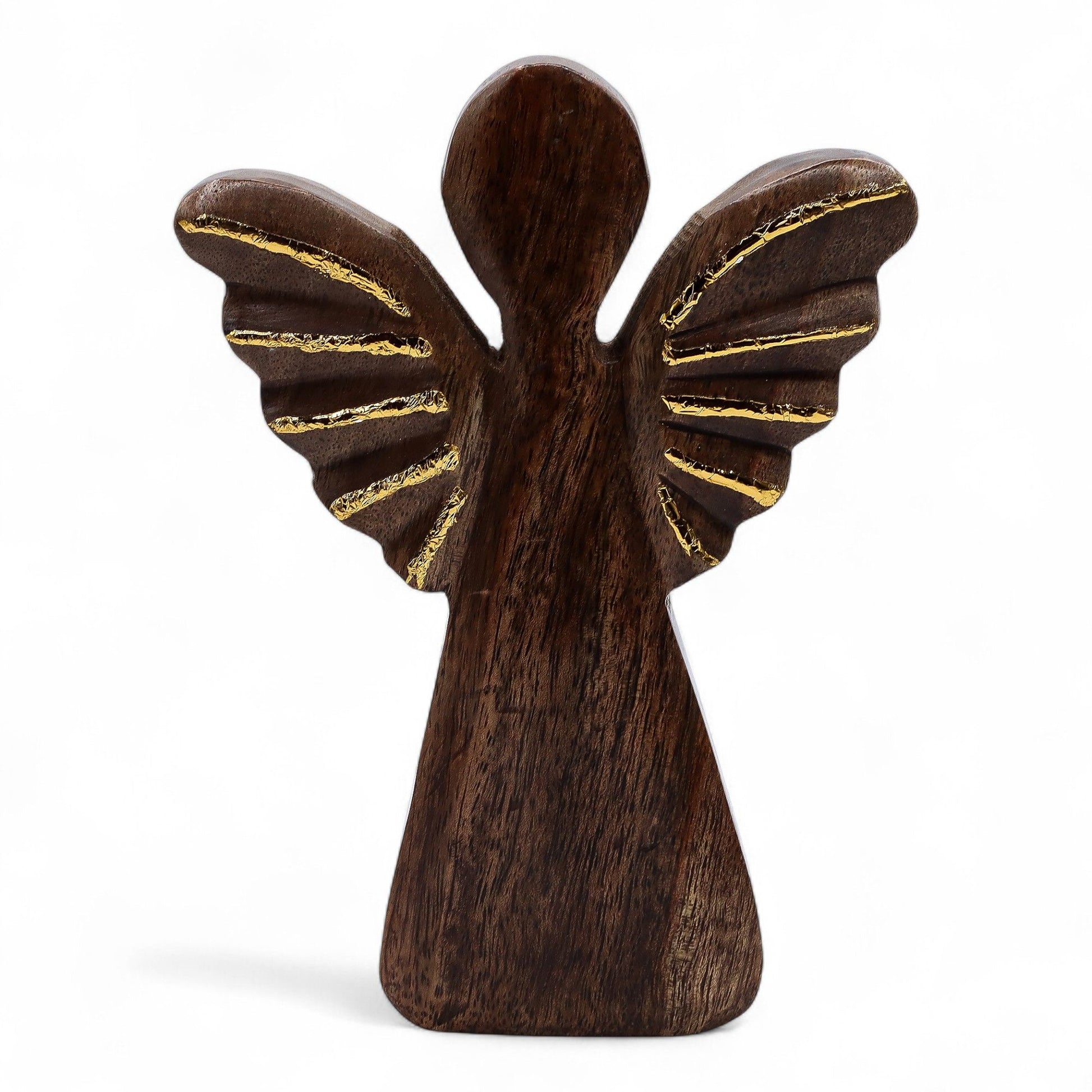 Hand-carved mango wood angel figurine with radiant gold wings standing 19cm tall.
