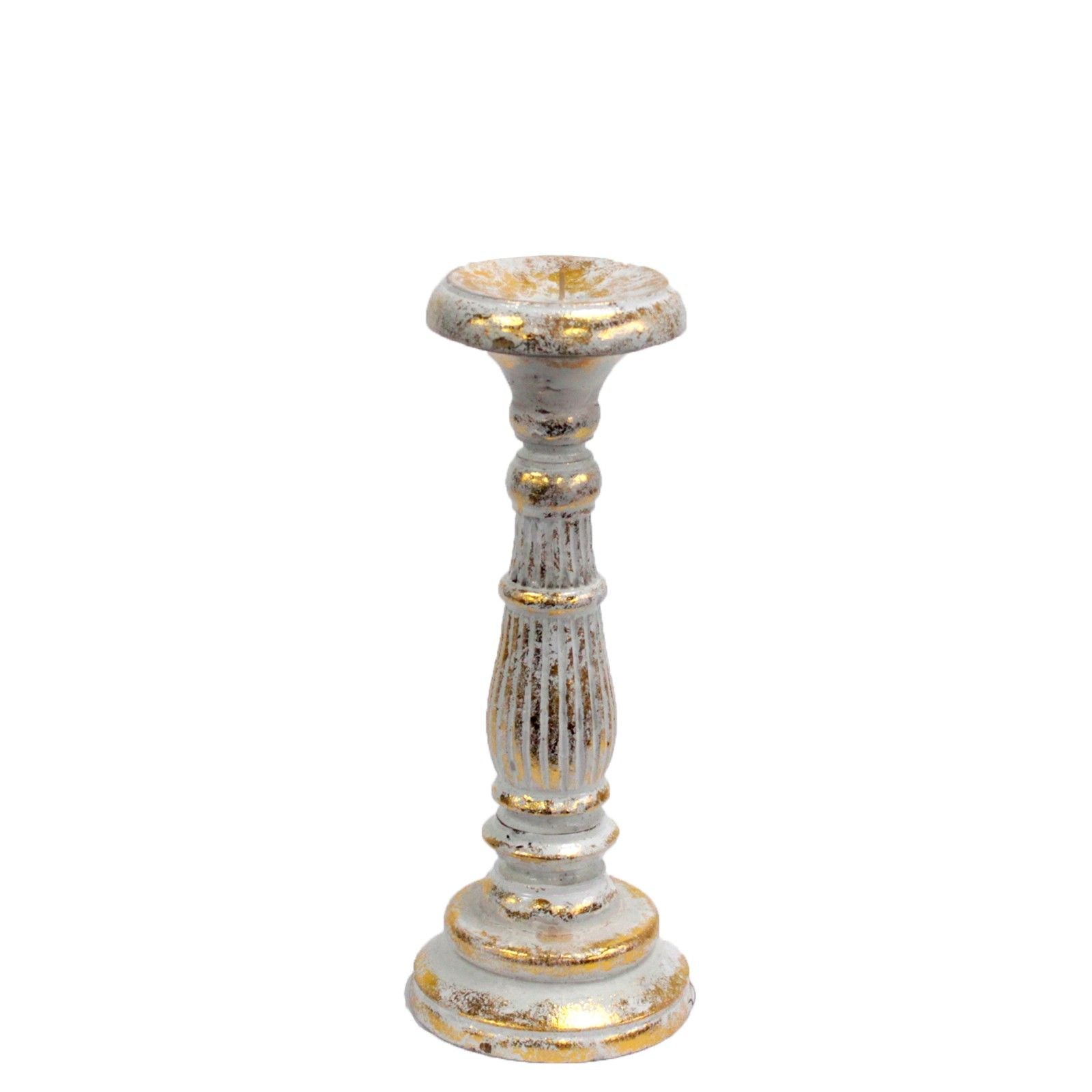 Hand-carved wooden candlestick with an ornate vintage design finished in white and gold.