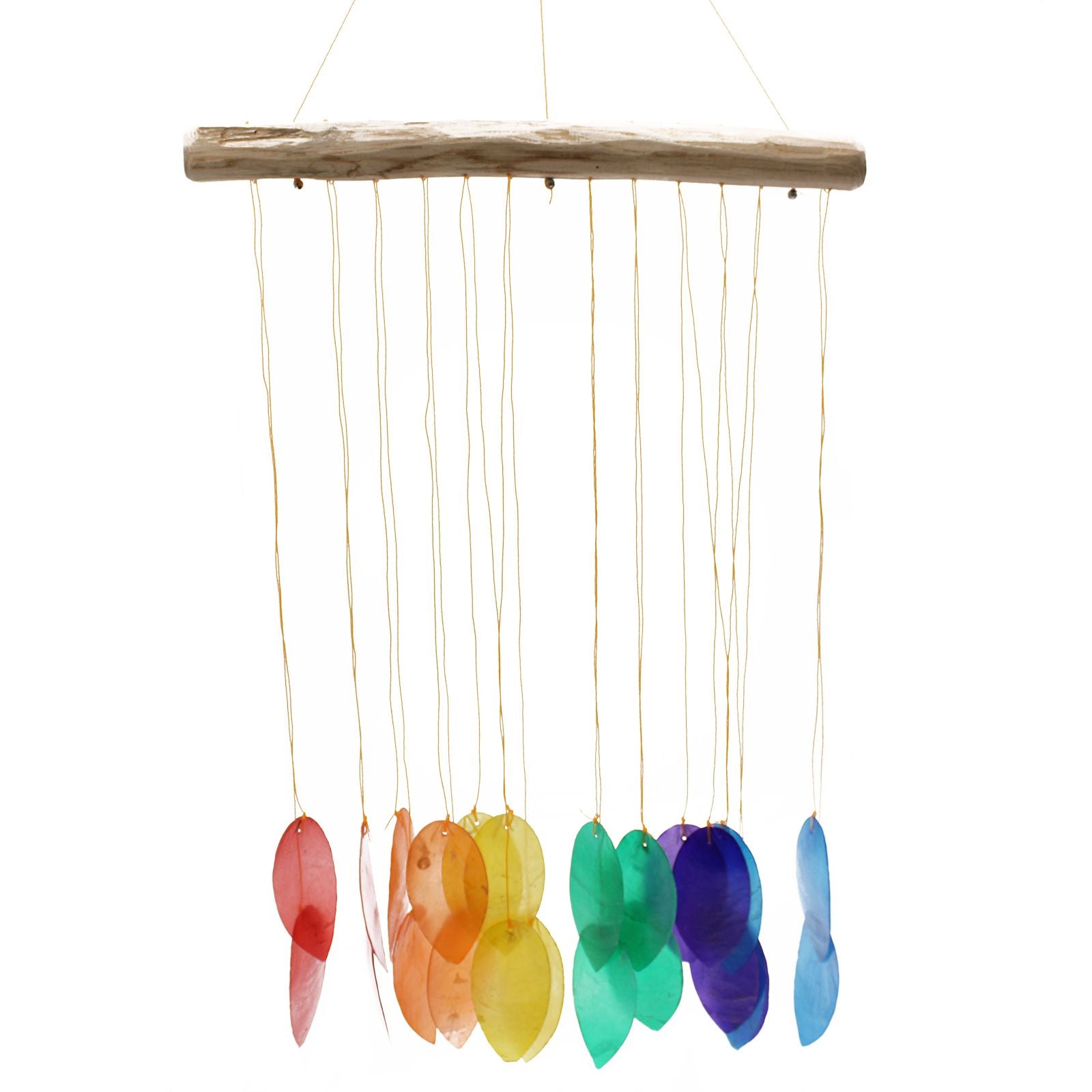 Large wind chime featuring colourful leaf-shaped Capiz shells hanging from a natural driftwood branch.