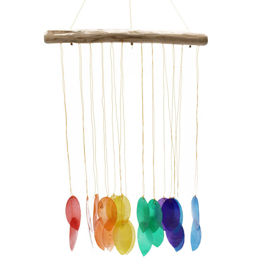 Large wind chime featuring colourful leaf-shaped Capiz shells hanging from a natural driftwood branch.