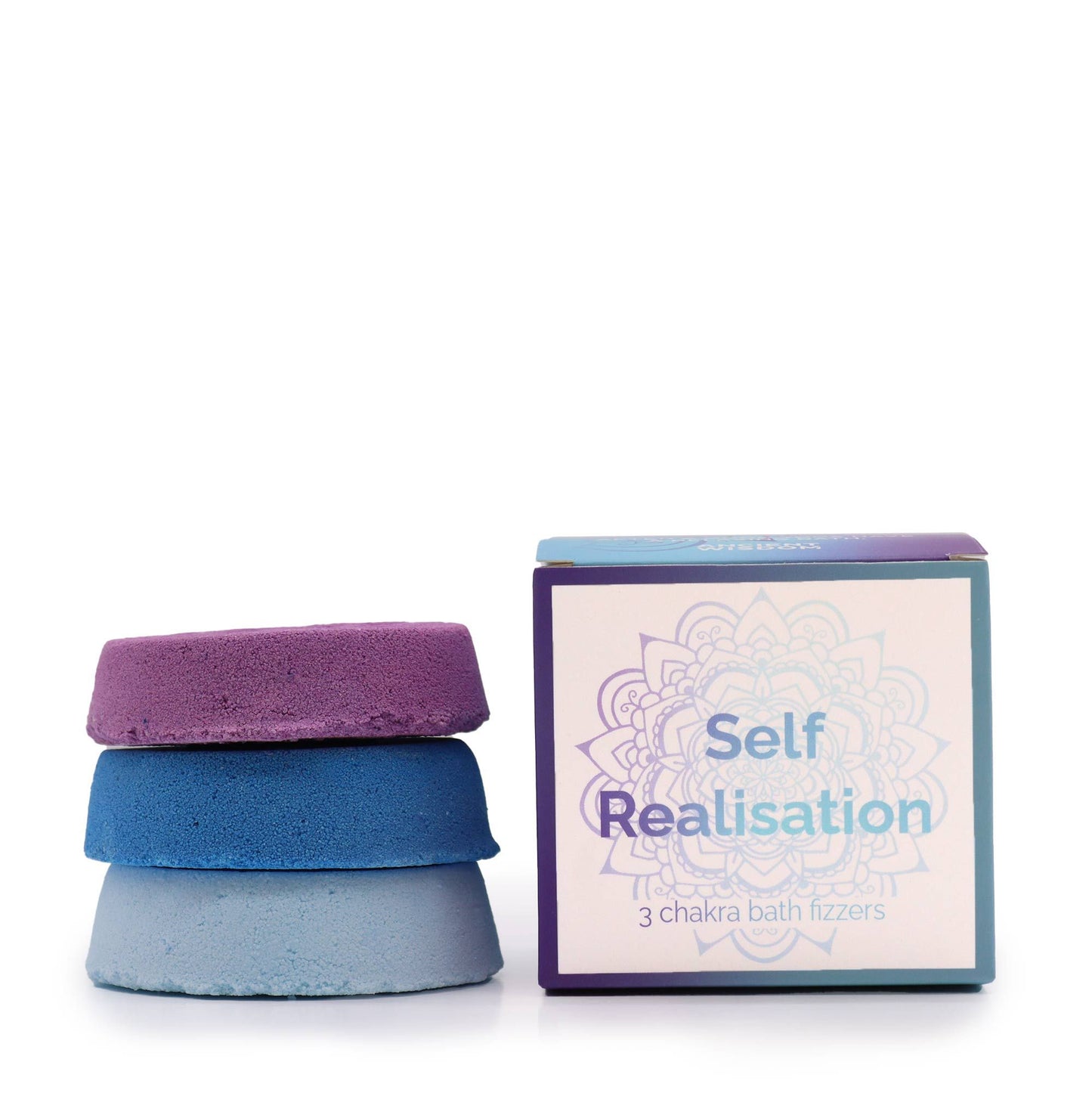 Gift box of colourful chakra bath fizzers featuring a spiritual mandala pattern on the packaging.
