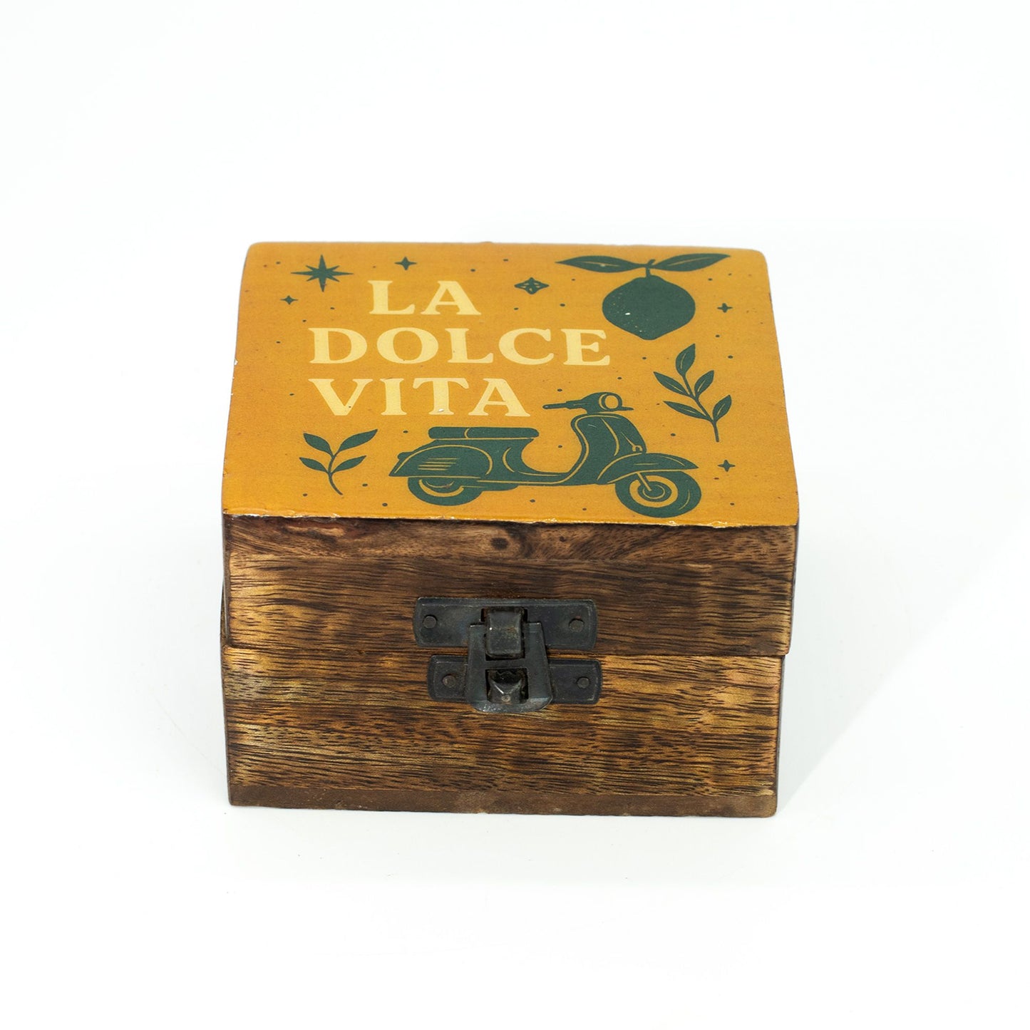 Small mango wood box with an enamelled lid featuring a classic scooter, citrus fruits, and leaves on a sunny background.