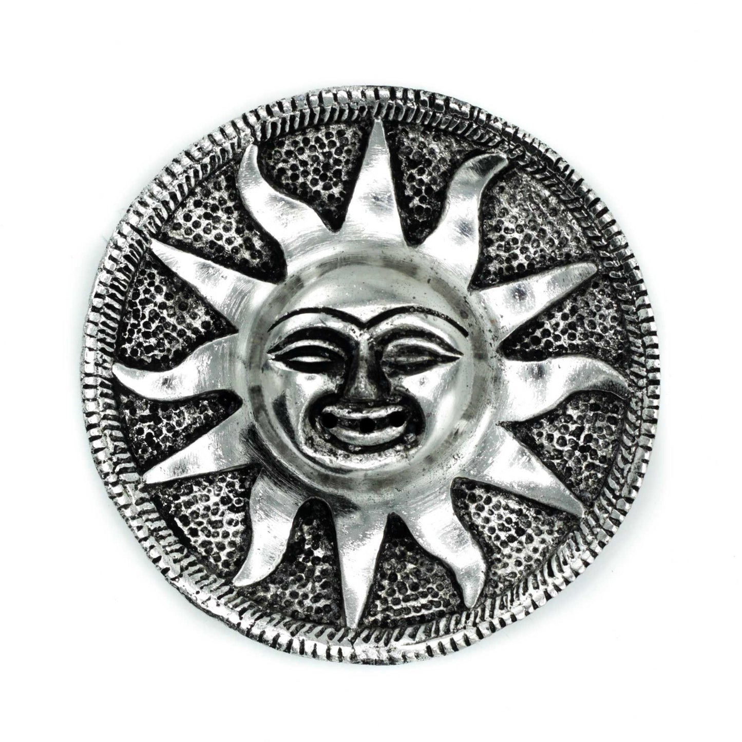Round polished aluminium incense holder featuring an intricate sun design with a reflective metallic finish.