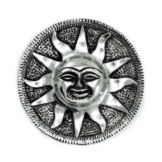Round polished aluminium incense holder featuring an intricate sun design with a reflective metallic finish.