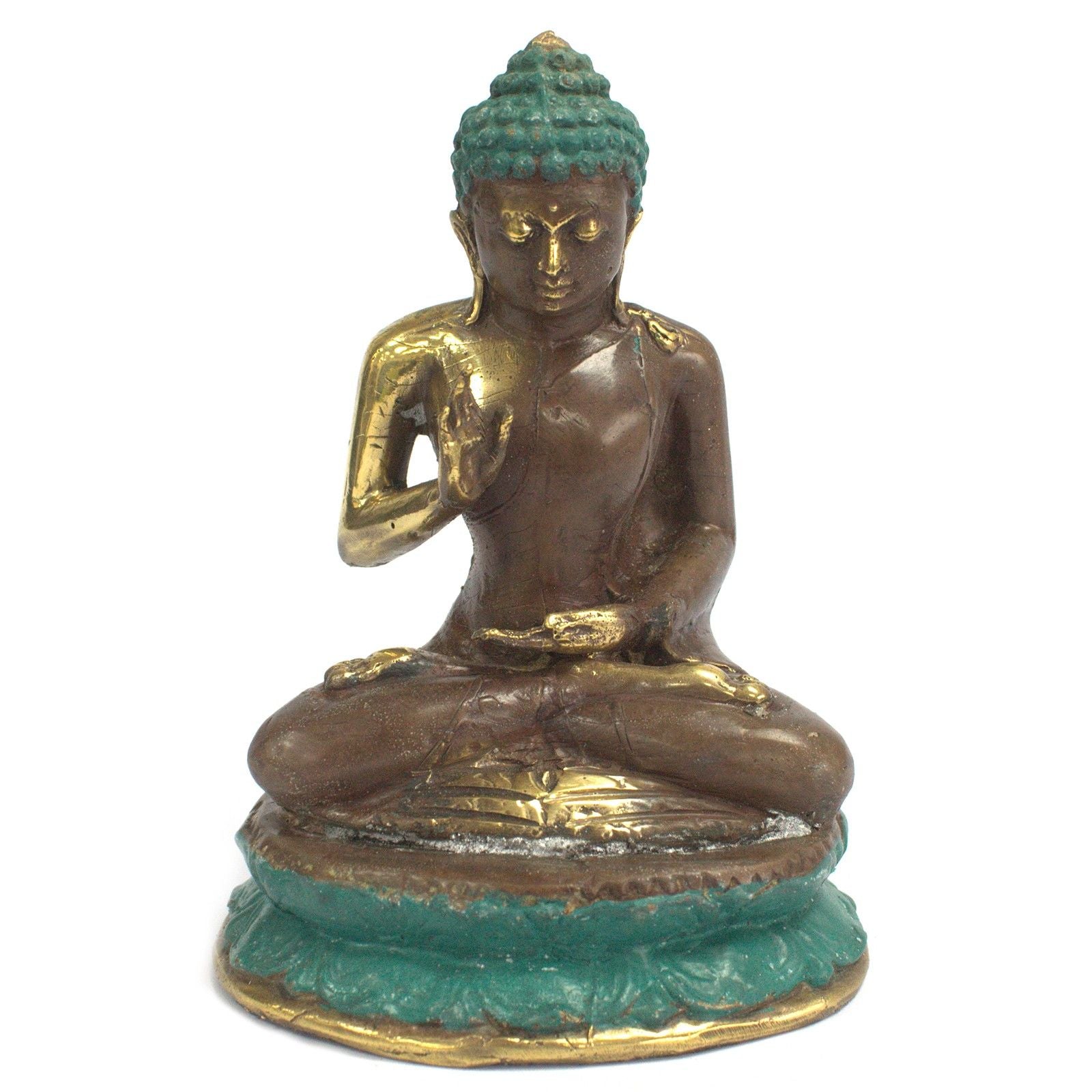 Intricately detailed large brass statue of a sitting Buddha in a meditative pose with a serene expression.