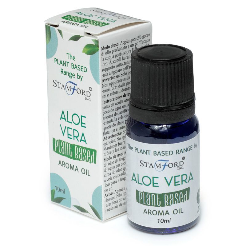 Clear glass bottle of aloe vera scented aroma oil with a minimalist label on a neutral background.