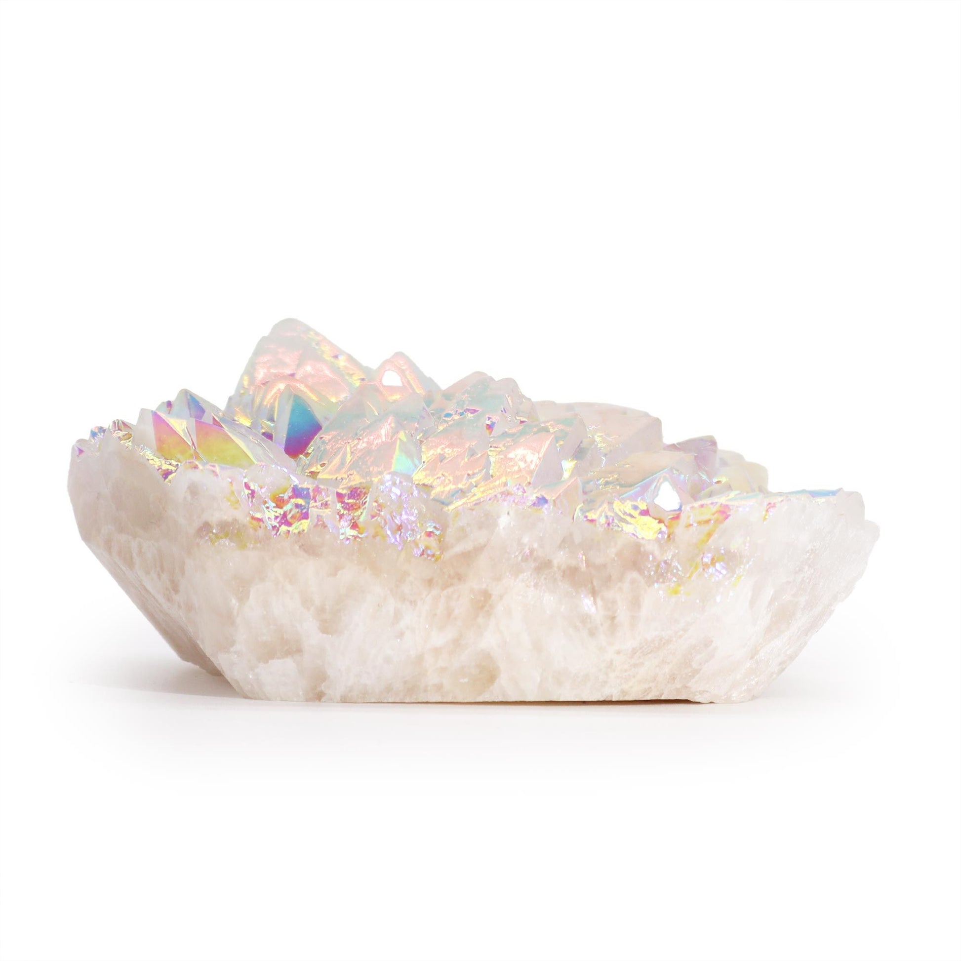 Large iridescent angel aura quartz geode with shimmering rainbow crystal formations inside a natural rock shell.
