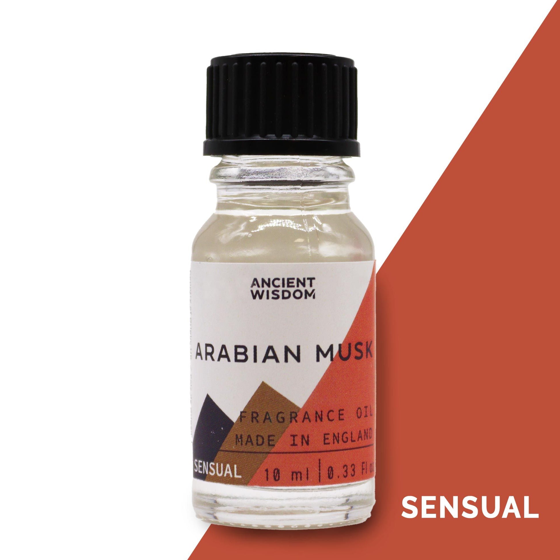 A 10ml amber glass bottle of Arabian Musk fragrance oil with a black dropper cap and a minimalist white label.