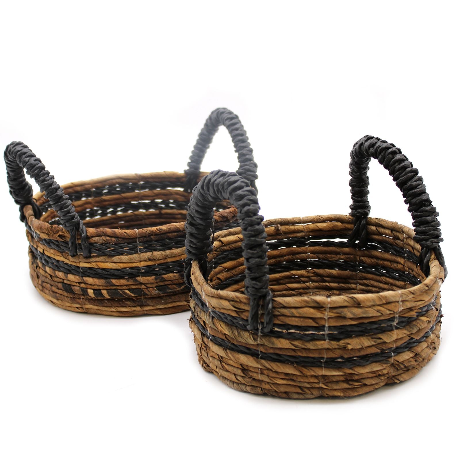 Two square woven baskets made from natural banana leaf and dark hitam raffia fibres.