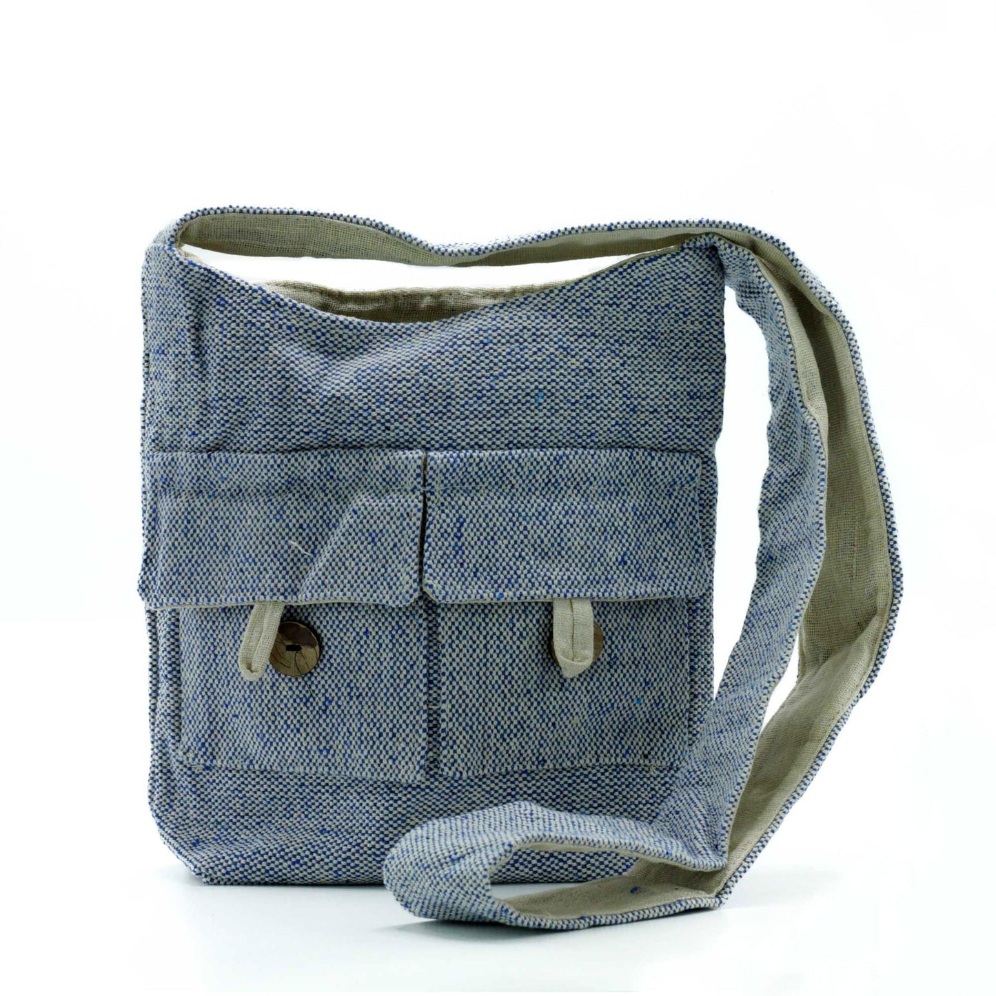 Stylish medium denim messenger bag featuring a classic silhouette and two prominent front pockets.