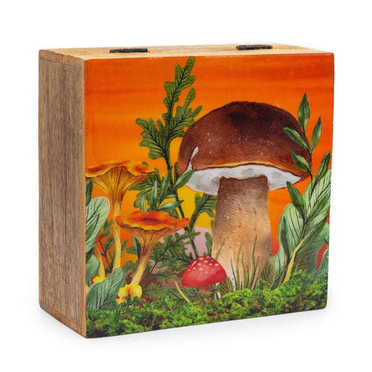 Large square maroon enamelled storage box featuring a detailed white mushroom and botanical design on the lid.