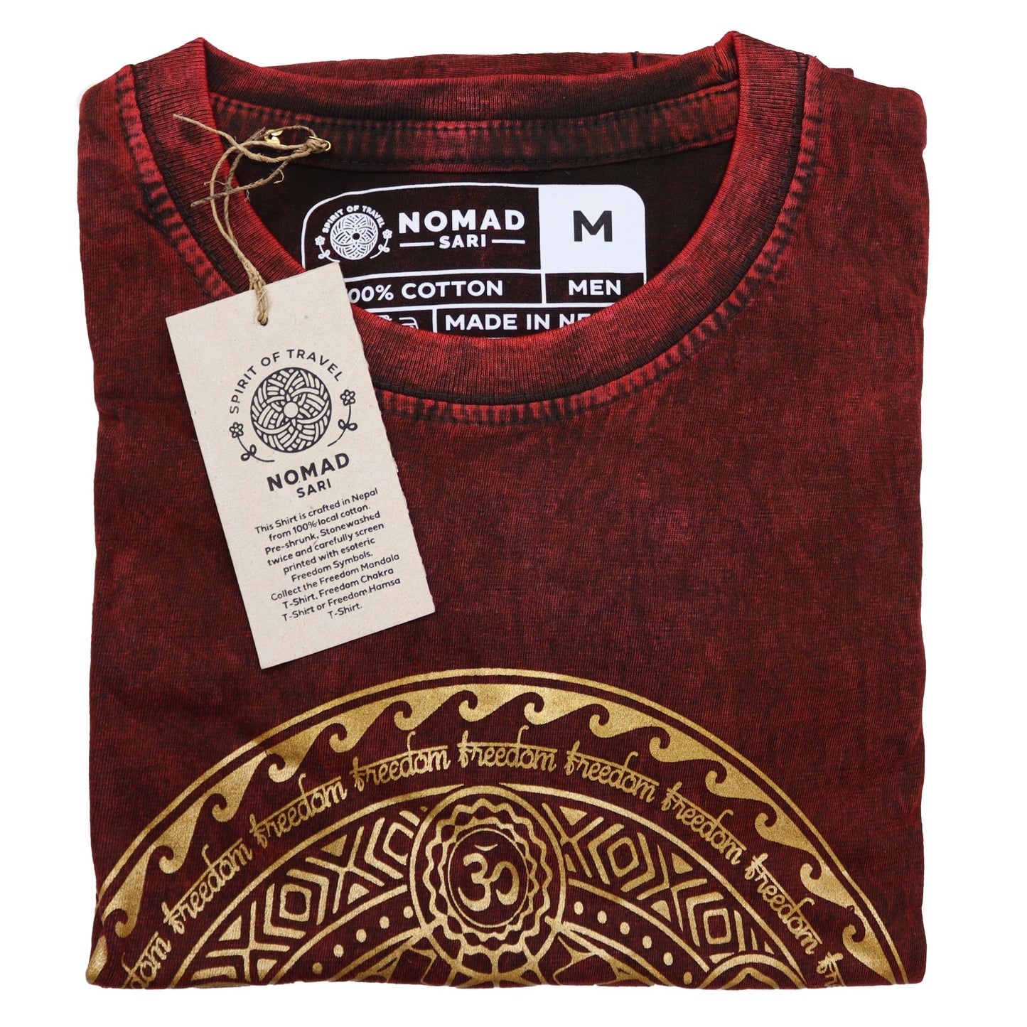 Maroon stonewashed cotton t-shirt featuring a central seven chakra symbol design in a relaxed fit.