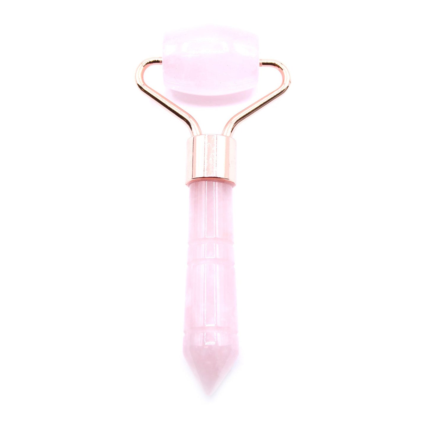 Small light pink rose quartz gemstone face roller with a silver-toned metal handle on a plain background.