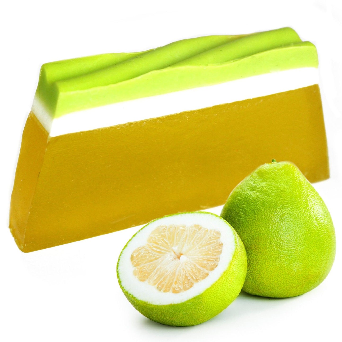 Large colourful tropical paradise soap loaf with a vibrant pomelo citrus design and fruity texture.