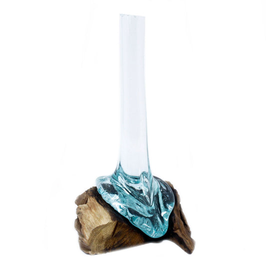 Unique hand-blown clear molten glass vase slumped over a natural wood base.