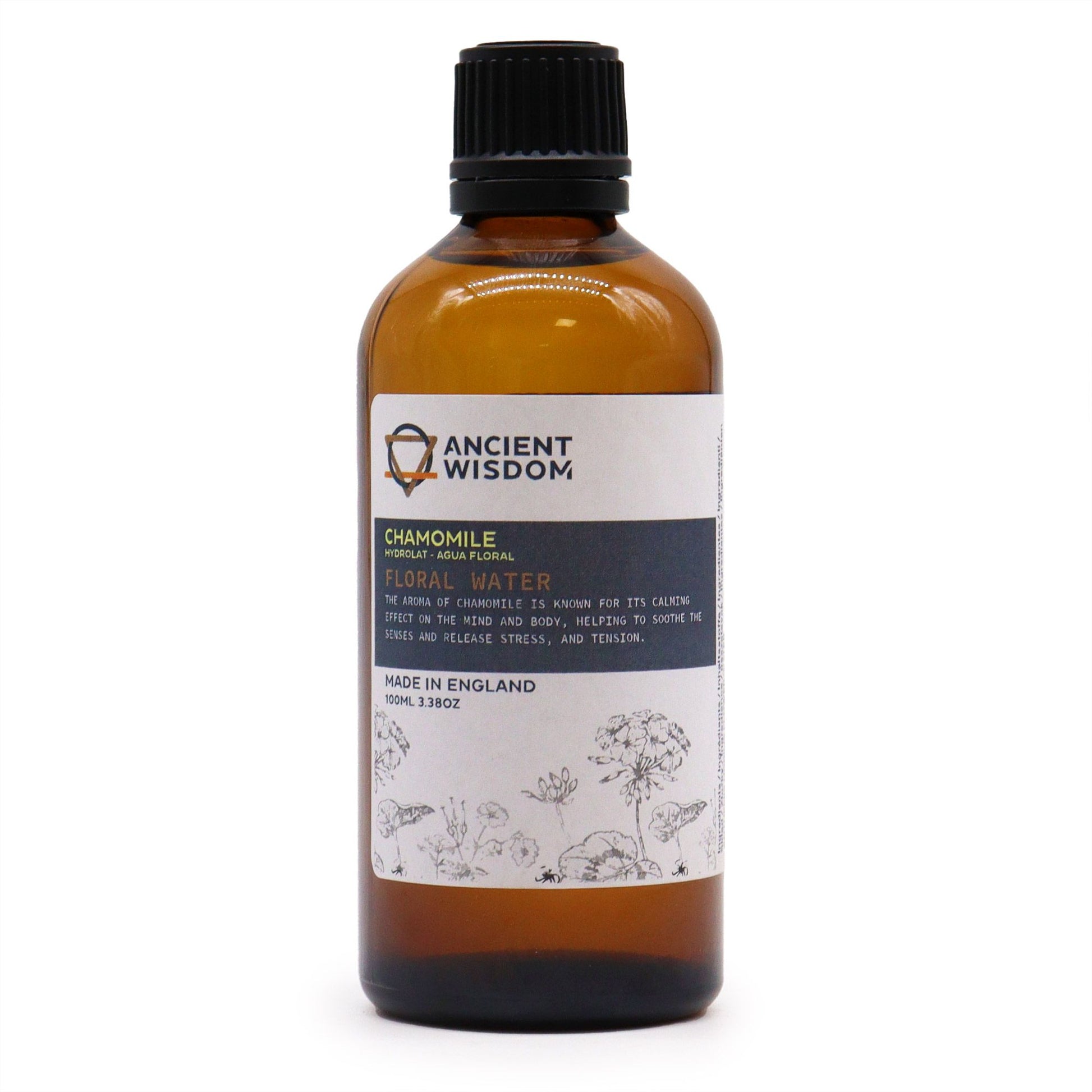 Clear 100ml bottle of soothing chamomile hydrolat floral water for skin care and aromatherapy.
