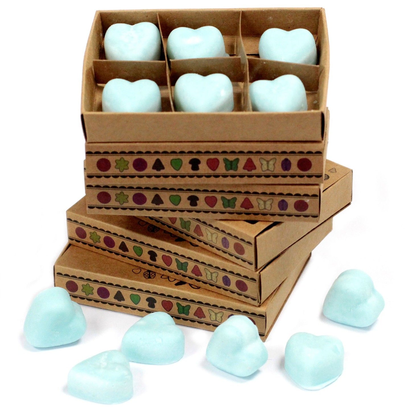 Six round natural soy wax melts with a Nagchampa fragrance, presented in a neat matchbox-style kraft paper box.