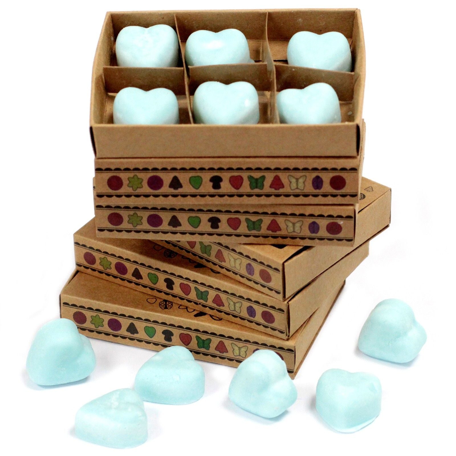 Six round natural soy wax melts with a Nagchampa fragrance, presented in a neat matchbox-style kraft paper box.