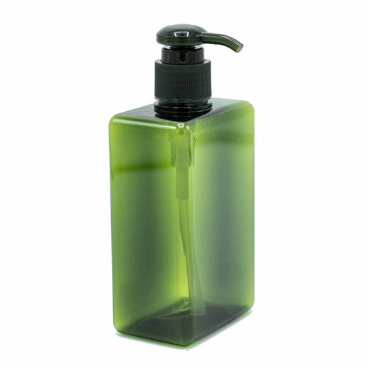 Sleek tall green reusable plastic dispenser bottle with a minimalist design and pump top.