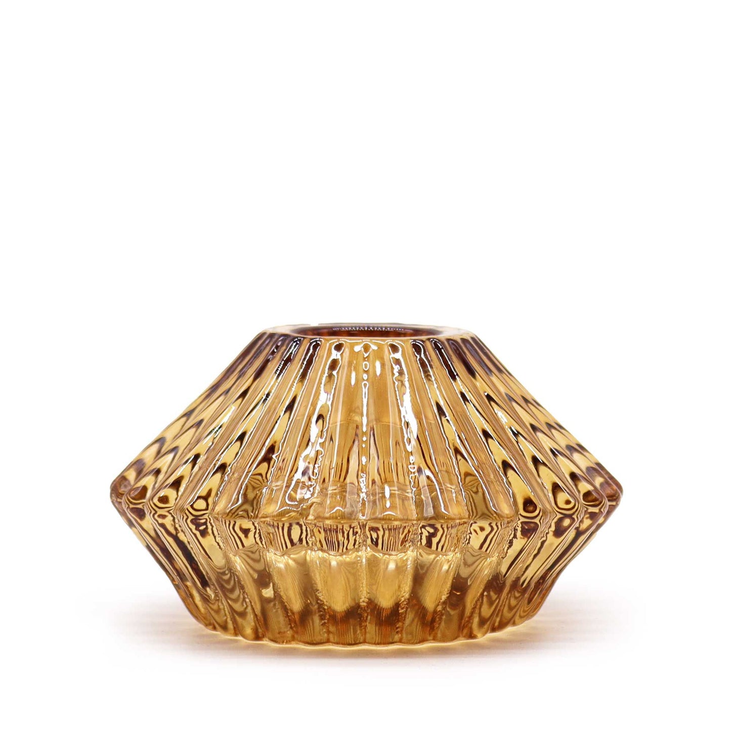 Elegant flower-shaped glass candle holder in antique amber, designed to hold both dinner candles and tealights.