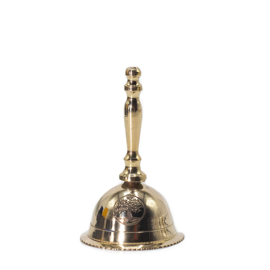 Handcrafted small solid brass altar bell featuring an engraved Tree of Life design with a polished finish.