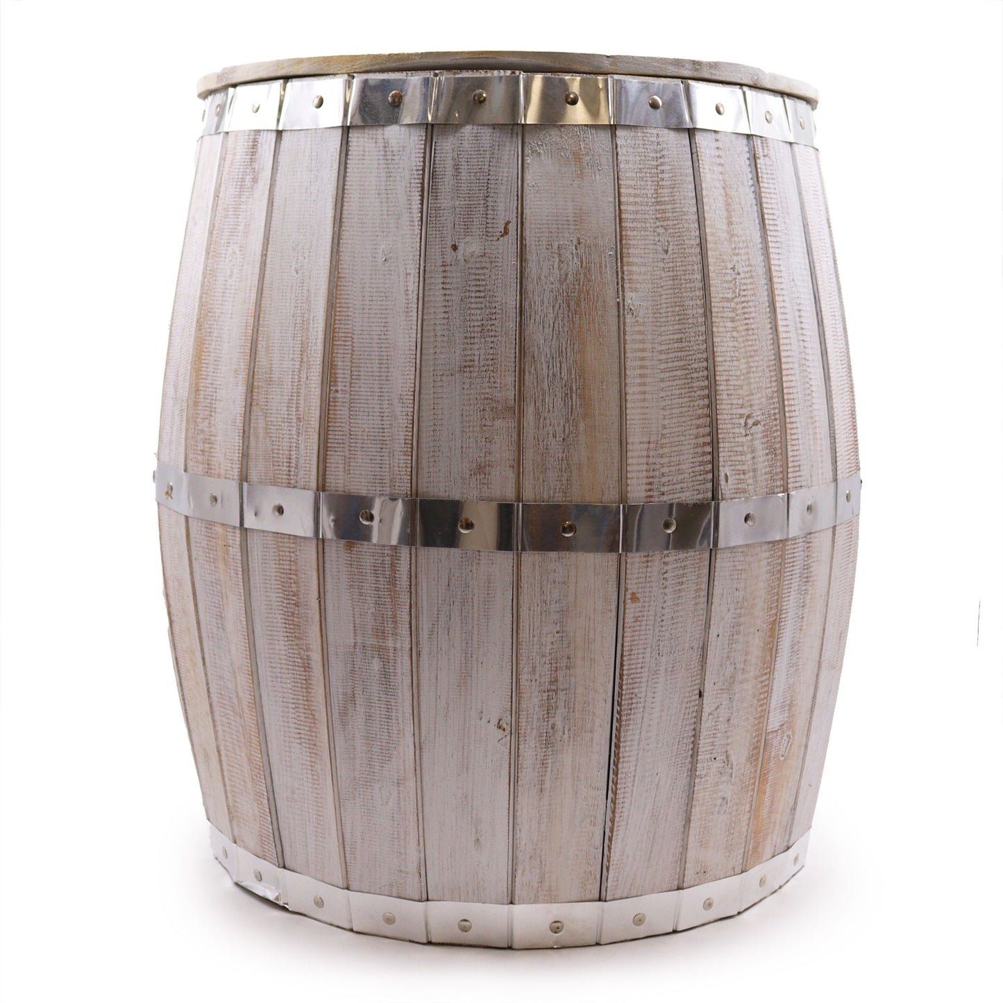 Rustic beer barrel style side table with a light whitewash wood finish and traditional metal banding.