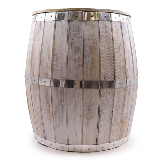Rustic beer barrel style side table with a light whitewash wood finish and traditional metal banding.