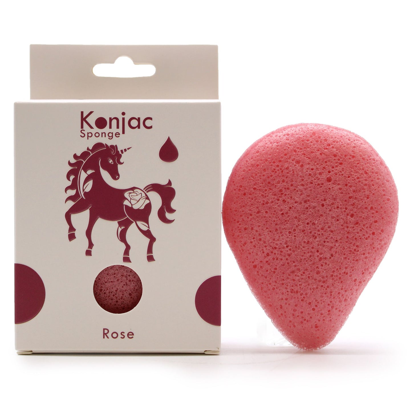 Soft pink teardrop-shaped konjac sponge with a natural porous texture for gentle facial cleansing and exfoliation.