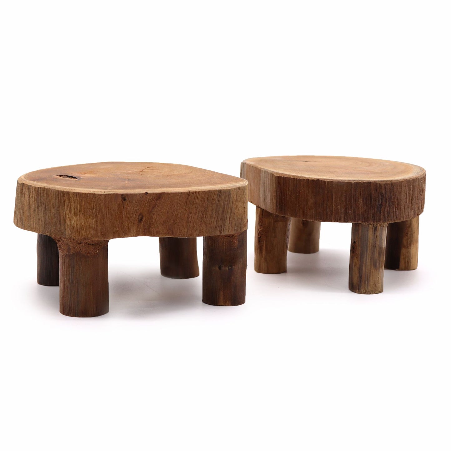 Pair of rectangular low-profile display stands crafted from smooth natural teak wood with a visible grain finish.