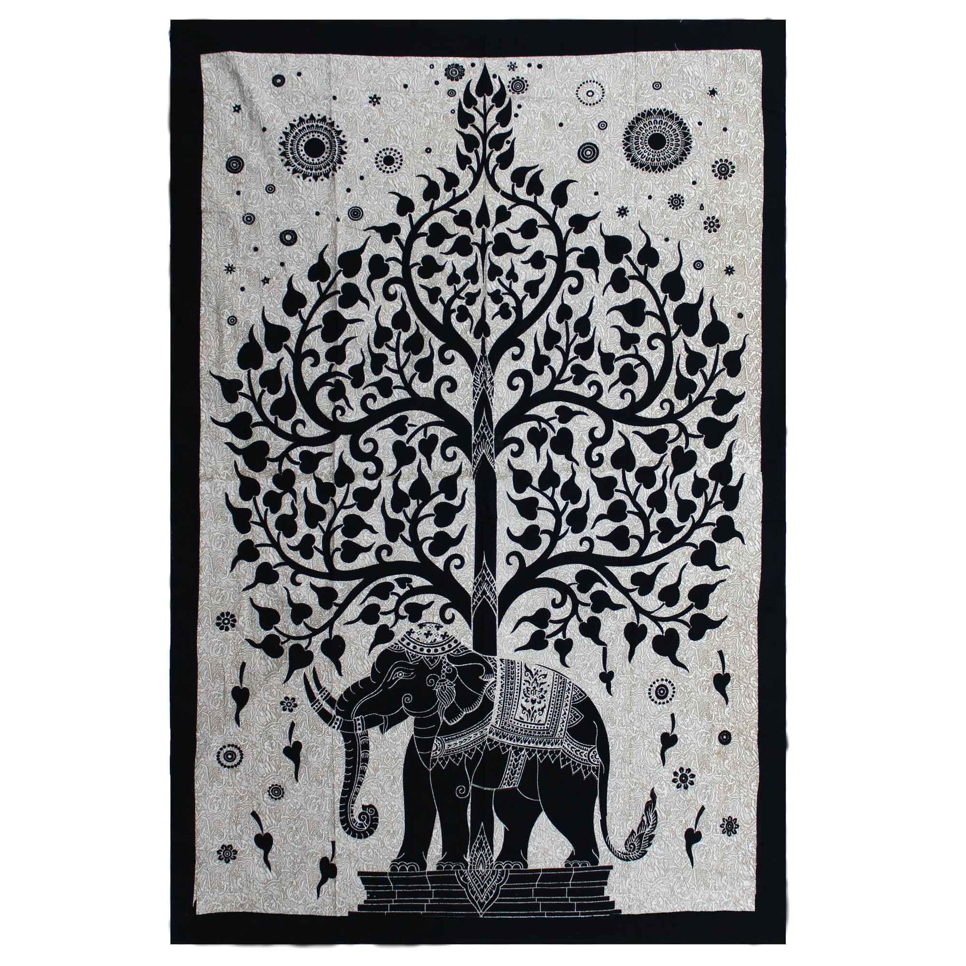 Detailed monochrome cotton wall hanging and single bedspread featuring a spiritual elephant and tree of life motif.