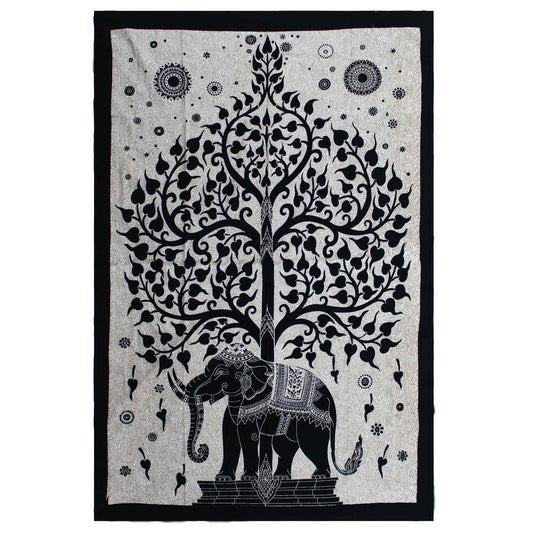 Detailed monochrome cotton wall hanging and single bedspread featuring a spiritual elephant and tree of life motif.
