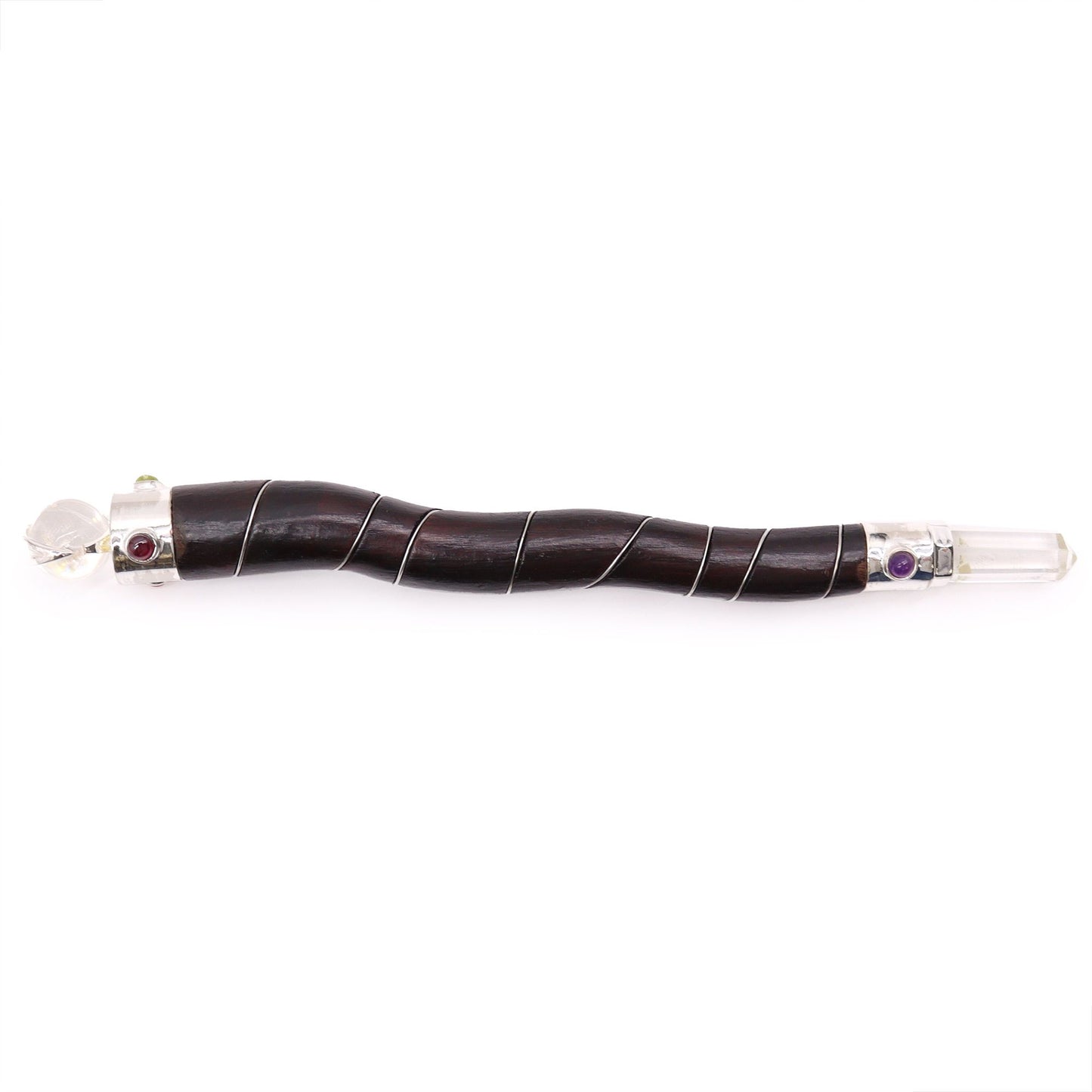Hand-crafted ritual wand made from natural curved wood with clear rock quartz crystal tips and silver wire wrapping.