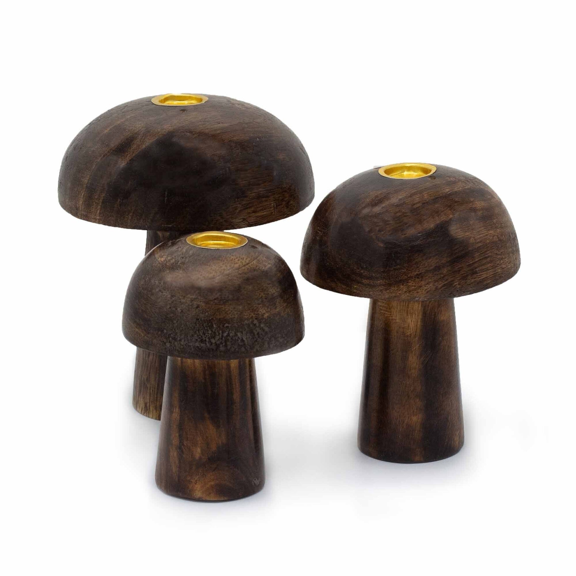 Three decorative ceramic mushroom-shaped incense cone holders in varying sizes on a plain background.