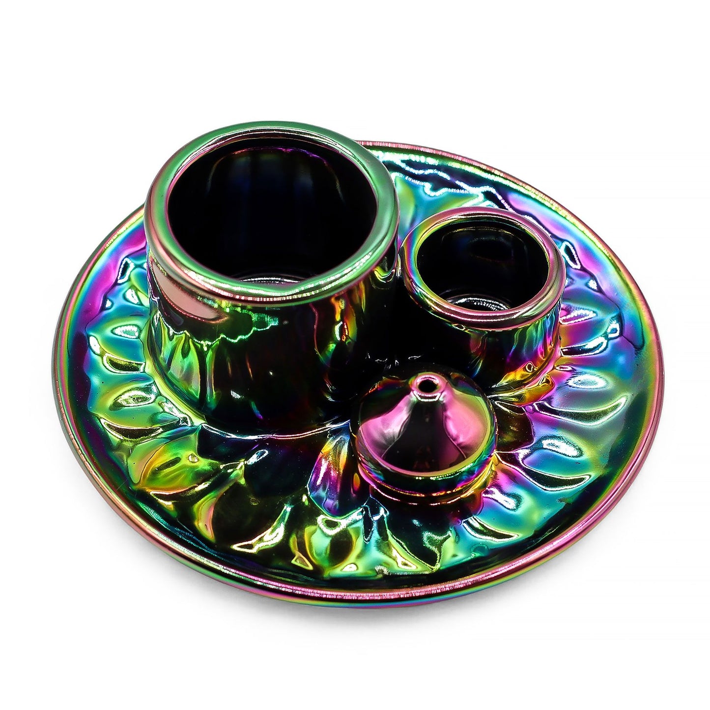 Metallic rainbow ceramic smudge holder featuring a detailed mandala design and a central hole for Palo Santo sticks.