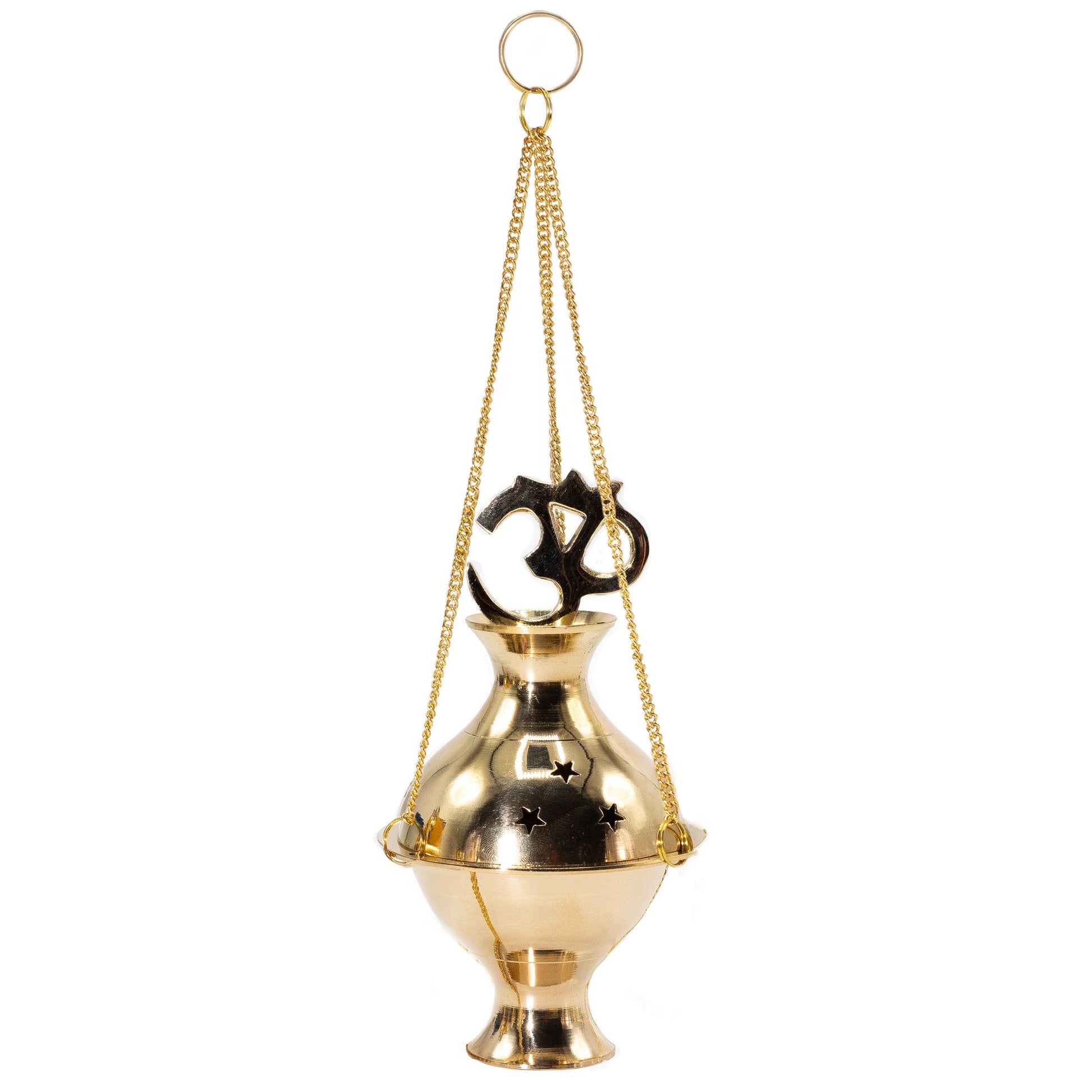 Polished hanging brass incense burner with an Om symbol and star cutouts suspended on three golden chains.