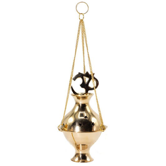 Polished hanging brass incense burner with an Om symbol and star cutouts suspended on three golden chains.