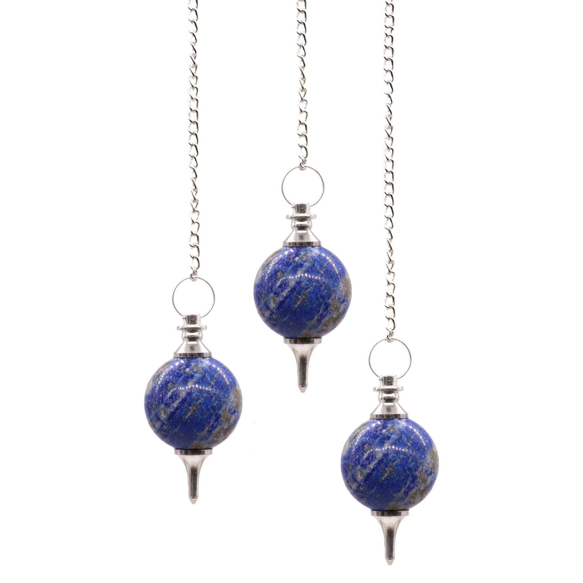 Deep blue Lapis Lazuli sphere crystal pendulum attached to a delicate silver chain with a small matching gemstone bead.