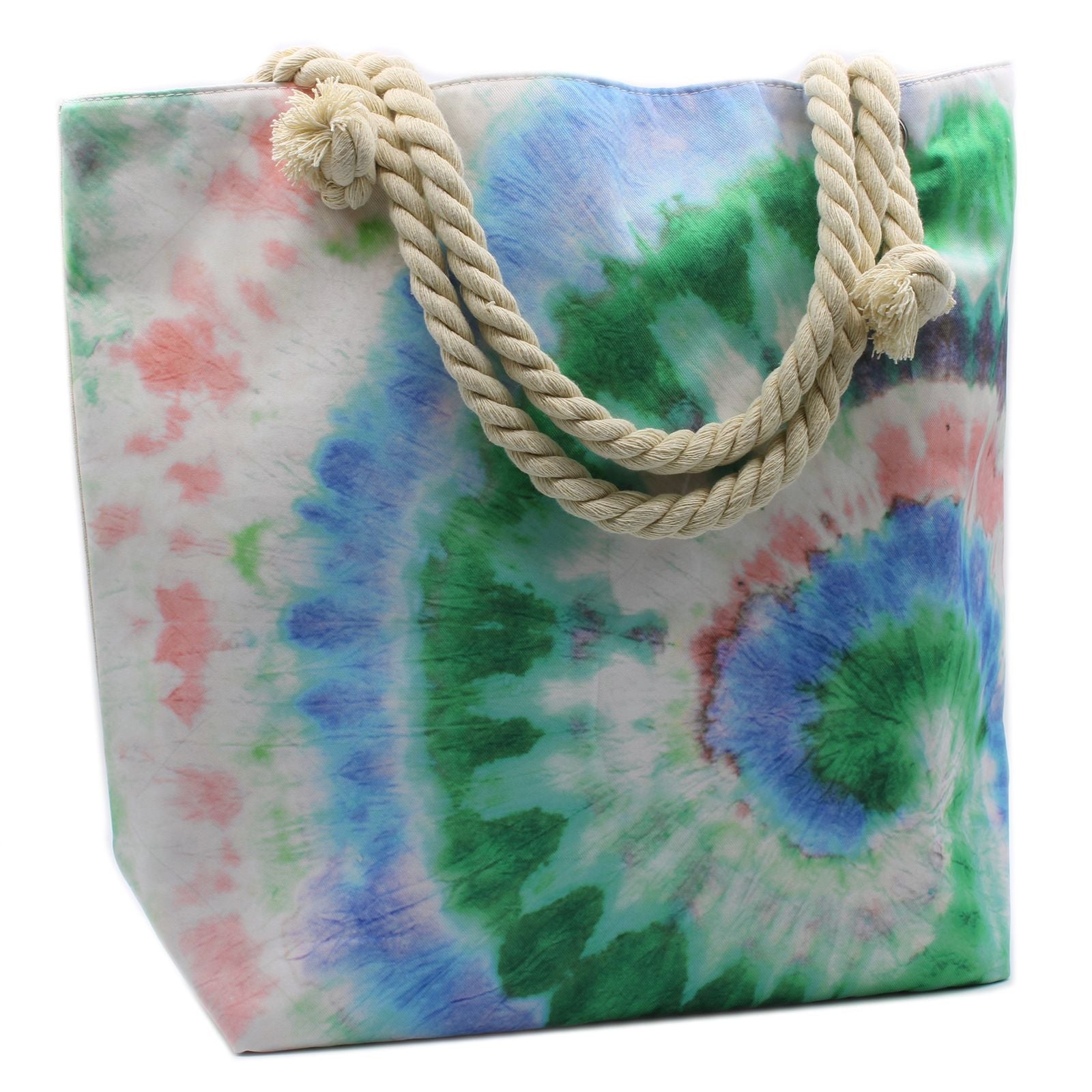 Large tote bag featuring a vibrant psychedelic colour splash print in natural earth tones with two shoulder straps.