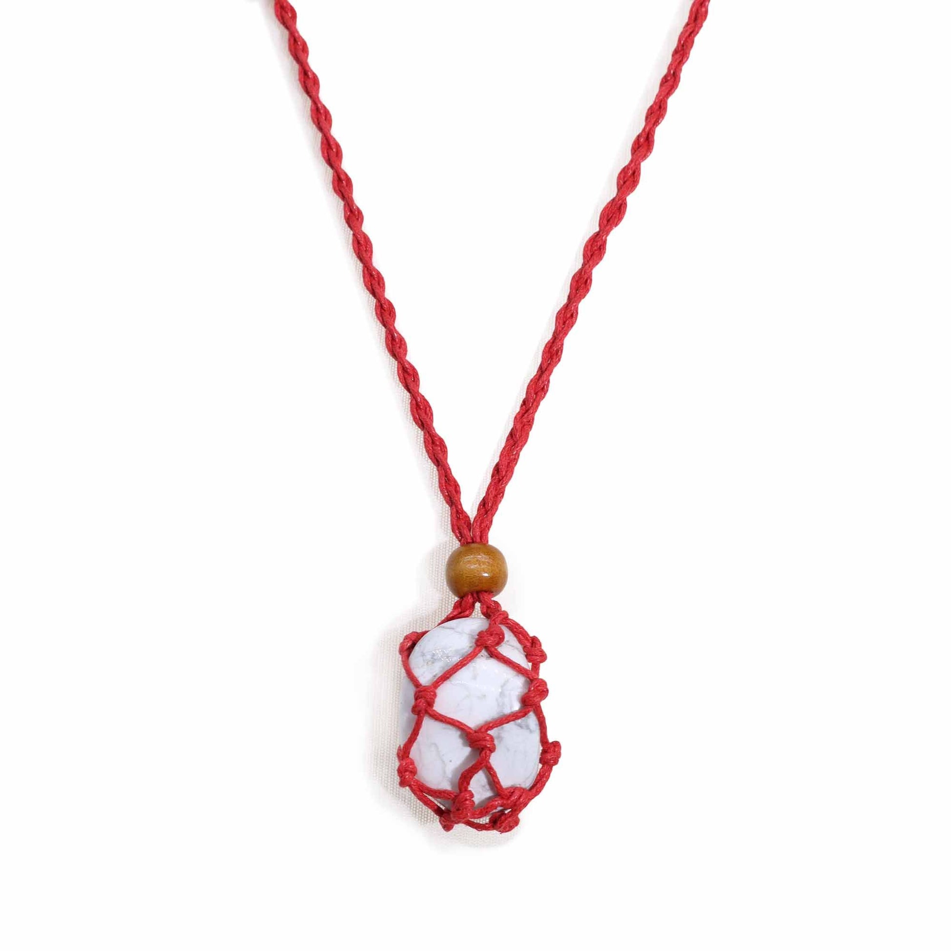 Vibrant red macrame necklace cord with a secure cage design for holding tumble stones and crystals.